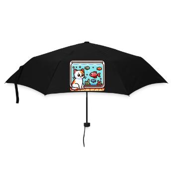 Cute Kitty looking at Fish in Aquarium - Umbrella (small) - black - Front
