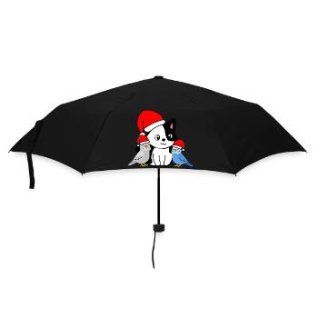 Christmas - Festive Animal Friends - cat & Budgies - Umbrella (small) - black - Front