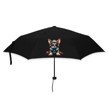 Hund mit Kopfhörer im Cartoon Style - Regenschirm (klein) - Schwarz - Vorne