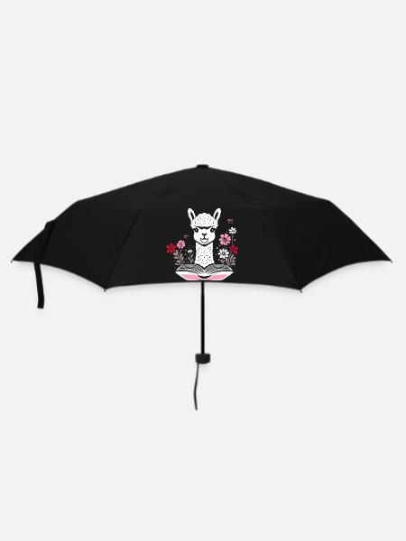 Alpaka mit Buch und Blumen Bücher lesen - Regenschirm (klein) - Schwarz