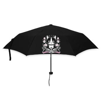 Lesende süße Katze mit Buch und Blumen - Regenschirm (klein) - Schwarz - Vorne