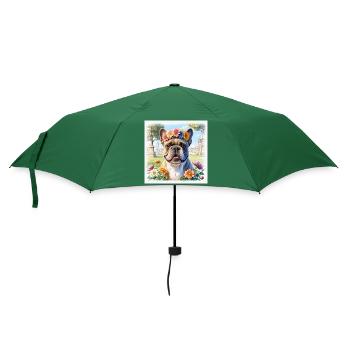 Frühling Französische Bulldogge mit Blumenkranz - Regenschirm (klein) - Flaschengrün - Vorne