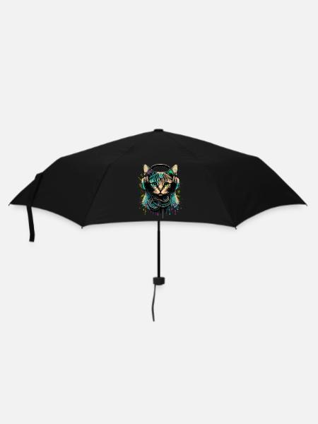 Katze mit Headset - Regenschirm (klein) - Schwarz