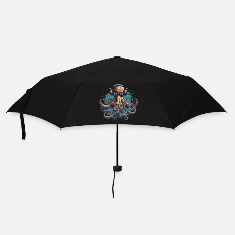 Cooler Nerdy Oktopus mit Brille und Kopfhörern - Regenschirm (klein) - Schwarz