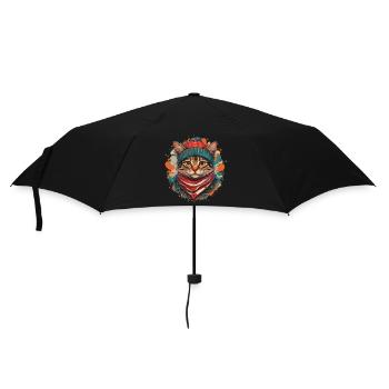 Un chat mignon portant une écharpe épaisse et un chapeau - Parapluie standard - noir - Devant