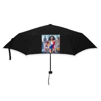 Zwei Mädchen, die im Retro-Warschau-Stil radeln - 80er-Jahre-Stil - Regenschirm (klein) - Schwarz - Vorne