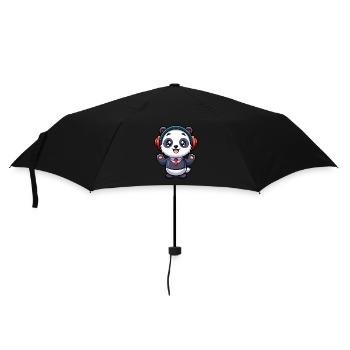 Panda Lustige Zeichentrickfigur Kopfhörer Musik - Regenschirm (klein) - Schwarz - Vorne