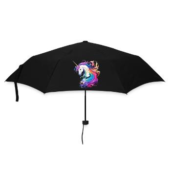 Regenbogen-Einhorn Kopf Portrait - Regenschirm (klein) - Schwarz - Vorne