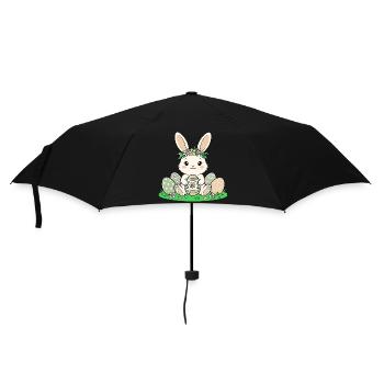 Osterhäschen mit Blütenkranz - Regenschirm (klein) - Schwarz - Vorne