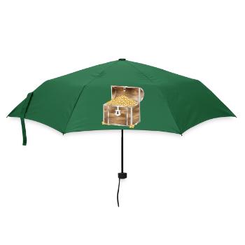 mit Gold Münzen gefüllte Schatztruhe aus Holz - Regenschirm (klein) - Flaschengrün - Vorne