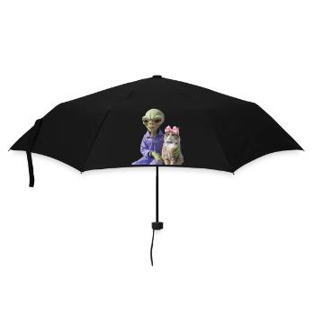 Alien und Katze – Galaktische Liebe - Regenschirm (klein) - Schwarz - Vorne