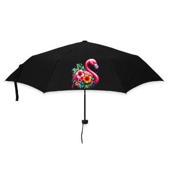 Flamingo verziert mit Hibiskusblüten - Regenschirm (klein) - Schwarz - Vorne