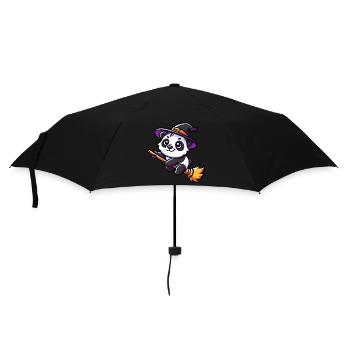 Halloween Panda Hexe Hexenbesen Süß Comic - Regenschirm (klein) - Schwarz - Vorne