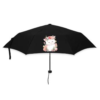 Katze Blumen Aquarell Zeichnung Kunst Bunt Floral - Regenschirm (klein) - Schwarz - Vorne