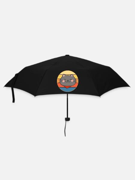 Lustiges süßes Kawaii Katzengesicht Retro Sonnenuntergang - Regenschirm (klein) - Schwarz