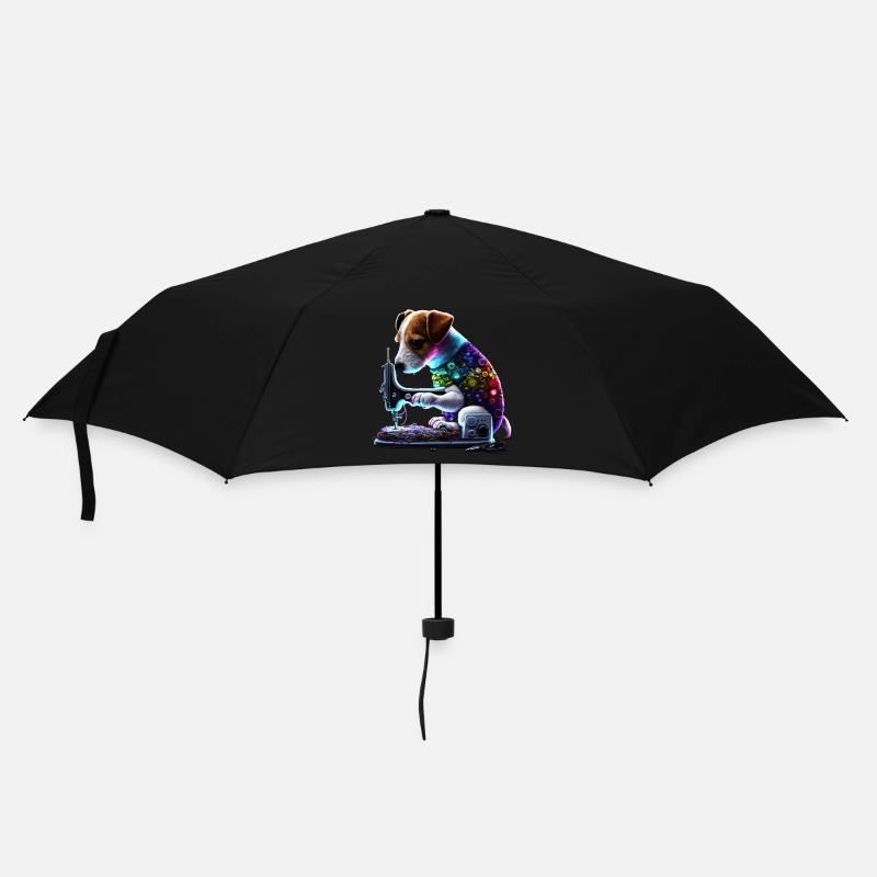 Jack Russel Hund näht mit Nähmaschine - Regenschirm (klein) - Schwarz