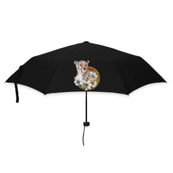 Leopard mit Gold und Blüten - Regenschirm (klein) - Schwarz - Vorne