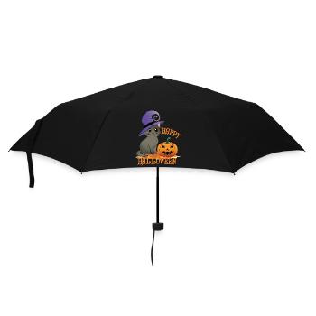 Fröhliche Halloween Katze mit Kürbis und Hexenhut - Regenschirm (klein) - Schwarz - Vorne
