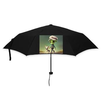süßes kleines grünes Retro-Alien nimmt den Hund raus - Regenschirm (klein) - Schwarz - Vorne