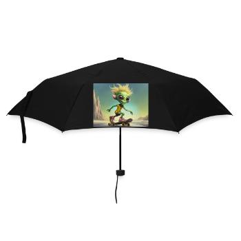niedliches kleines grünes Retro Alien Skateboarden - Regenschirm (klein) - Schwarz - Vorne