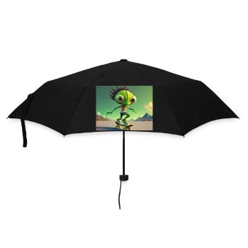 niedliches kleines grünes Retro Alien Skateboarden - Regenschirm (klein) - Schwarz - Vorne