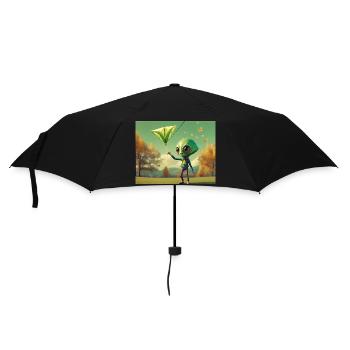 cute little green retro vintage alien fly a kite - Umbrella (small) - black - Front