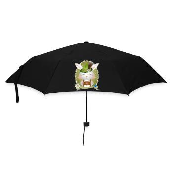 kleines Kaninchen in Tracht mit Hut und Lederhose - Regenschirm (klein) - Schwarz - Vorne