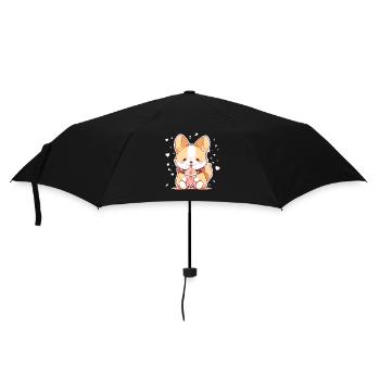 Kawaii Corgi Hund trinkt Boba Bubble Tea Chibi - Regenschirm (klein) - Schwarz - Vorne