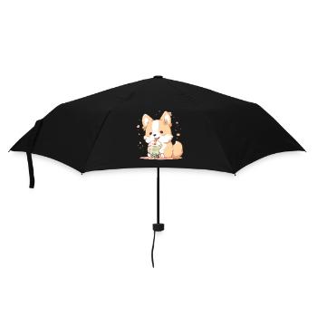 Kawaii Corgi Dog Drinks Boba Bubble Tea Chibi - Umbrella (small) - black - Front