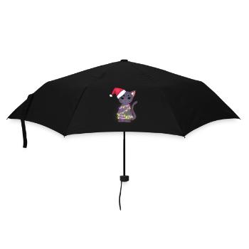 Niedliche schwarze Katze mit Weihnachtsmütze, Weihnachtslichter - Regenschirm (klein) - Schwarz - Vorne