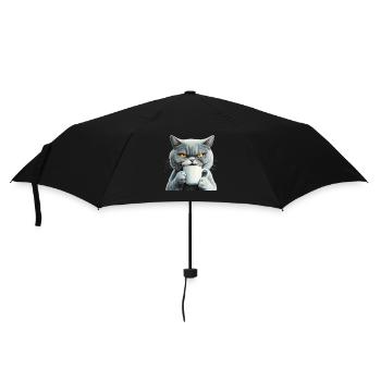 Realistisch: Grantige Katze mit Kaffee - Regenschirm (klein) - Schwarz - Vorne