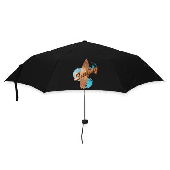 Surfboard Wooden Design with Surfing Typography - Umbrella (small) - black - Front