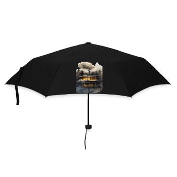 Cabane moderne éclairée par le feu sur le lac - Parapluie standard - noir - Devant