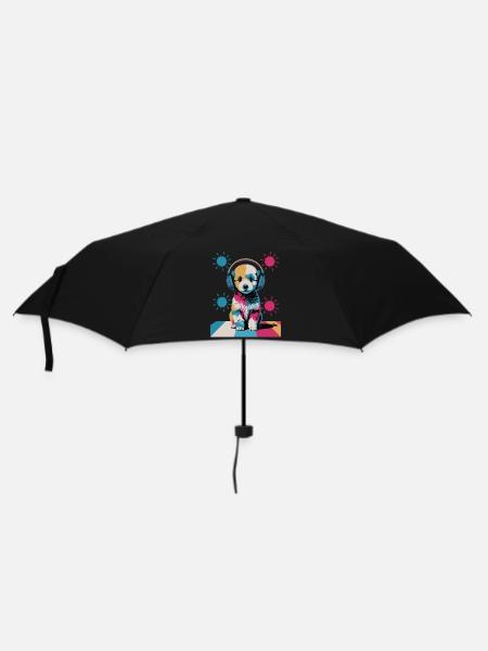 Pudel Welpe mit Kopfhörer - Regenschirm (klein) - Schwarz