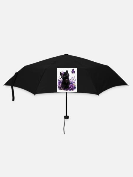 Lila-Schwarze Katze und Blumenschmetterling - Regenschirm (klein) - Schwarz
