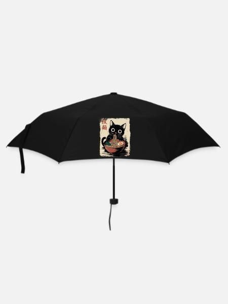 Schwarze Katze isst Ramen Nudeln Anime - Regenschirm (klein) - Schwarz