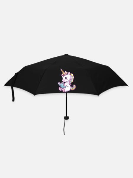 Niedliches Einhorn Cartoon liest ein Buch - Regenschirm (klein) - Schwarz