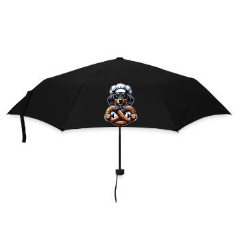 Dackel mit Bäckermütze und großer Brezel - Regenschirm (klein) - Schwarz - Vorne