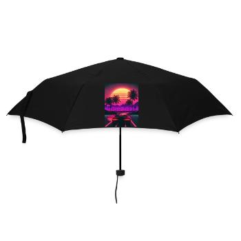 Retro Ride: Auf den Synthwave-Wellen der Sonne - Regenschirm (klein) - Schwarz - Vorne