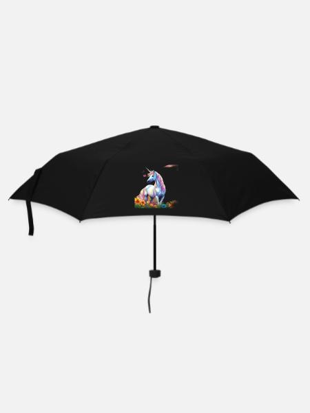 Himmlisches Einhorn im Blumenfeld mit Schmetterlin - Regenschirm (klein) - Schwarz