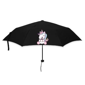 Süßes Einhorn mit Kaffeetasse - skurriler Cartoon - Regenschirm (klein) - Schwarz - Vorne