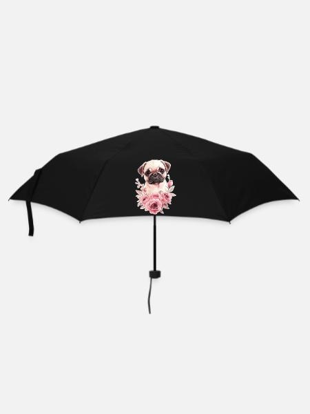 Mops mit Blumen - Regenschirm (klein) - Schwarz