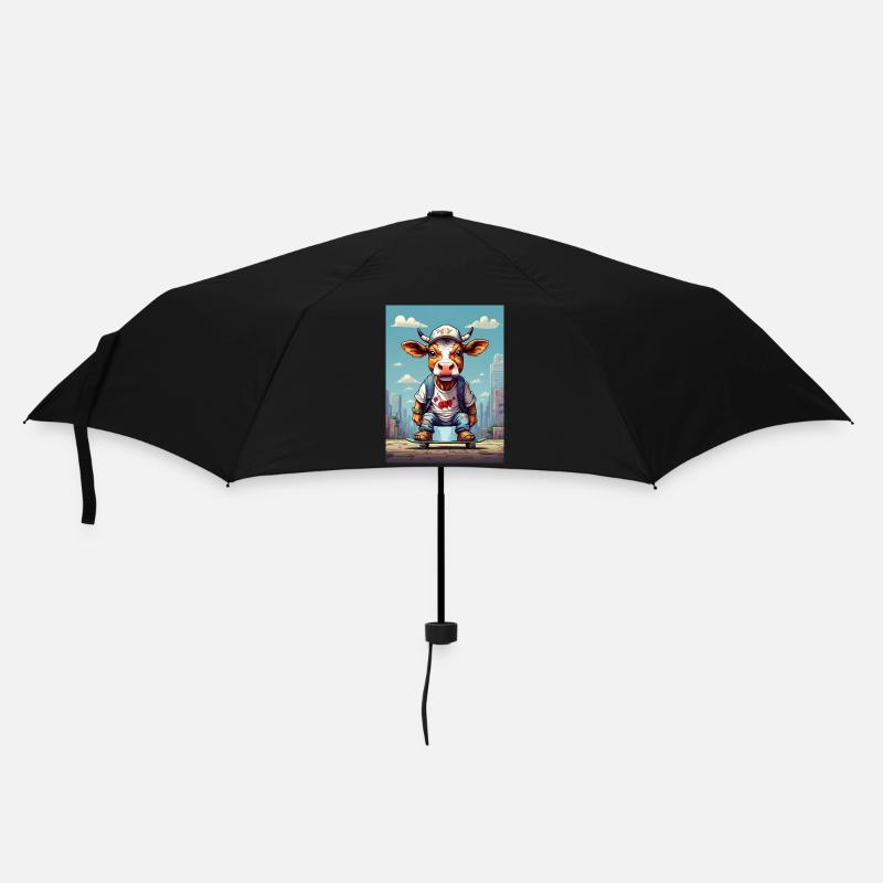 Comic Kuh auf Skateboard - Regenschirm (klein) - Schwarz