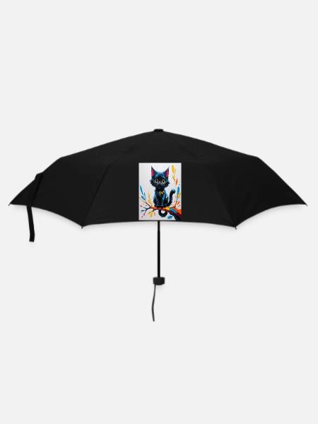 Hellschwarze Katze auf bunten Ast - Regenschirm (klein) - Schwarz