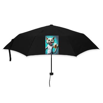 Glückliche Katze mit Bier - Regenschirm (klein) - Schwarz - Vorne