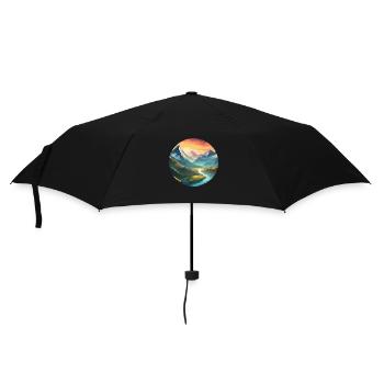 Paysage De Montagne Avec Prairies, Rivière, Coucher De Soleil - Parapluie standard - noir - Devant