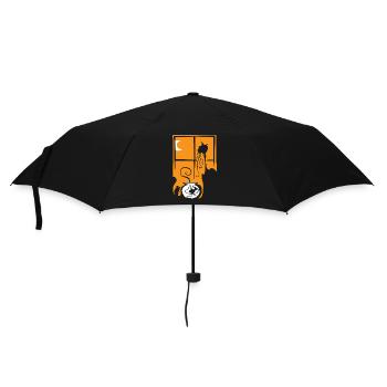 Halloween Katze Maus Fisch orange Fenster Mond - Regenschirm (klein) - Schwarz - Vorne