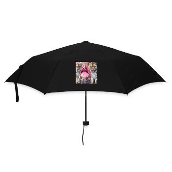 Mädchen mit zwei Anime-Tigern - Regenschirm (klein) - Schwarz - Vorne