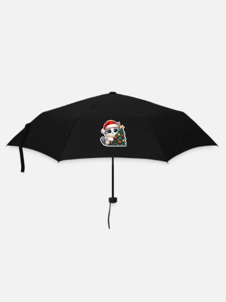 Cute Christmas Kitten & Decorated Tree Art - Umbrella (small) - black