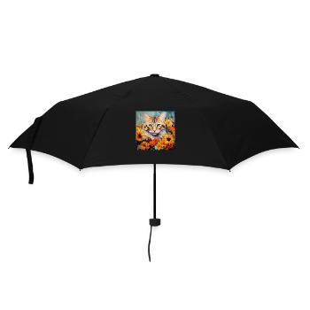 Katze, katzenmotiv, blumen, geschenk, geschenkidee - Regenschirm (klein) - Schwarz - Vorne